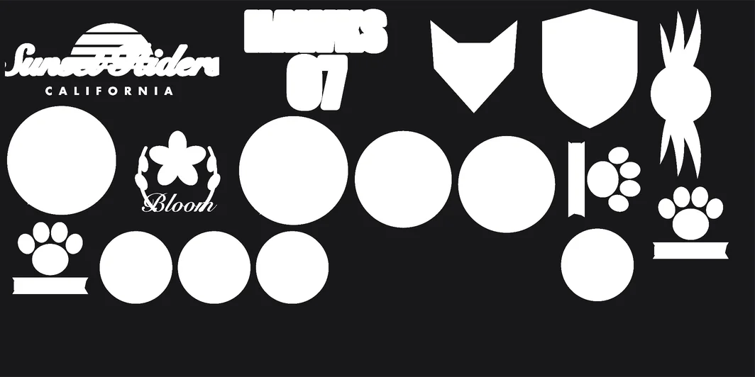 The same sheet in the White only view: every design shown as its white underbase on black