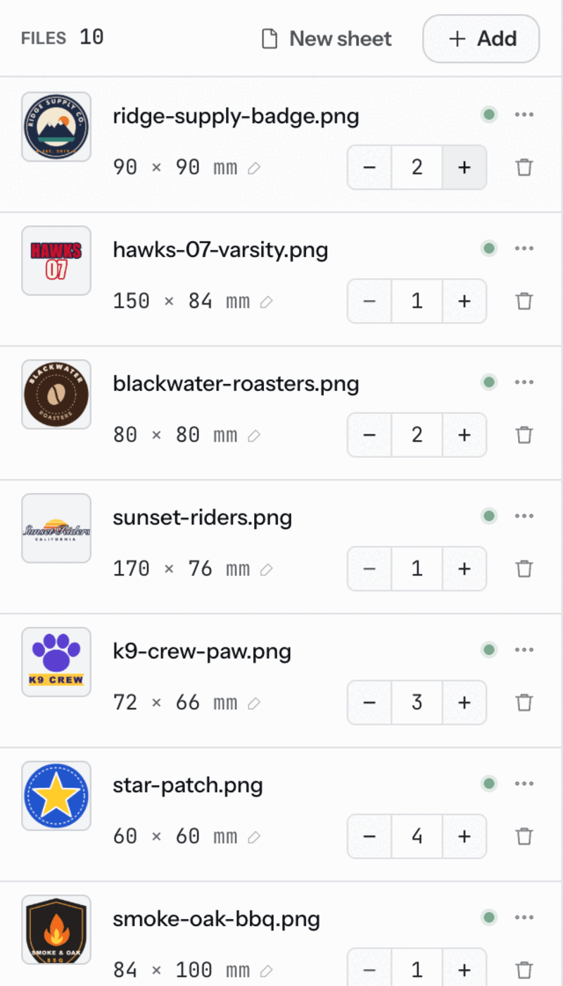 NestSheet files rail listing PNG designs such as ridge-supply-badge.png at 90 × 90 mm with 2 copies and star-patch.png at 60 × 60 mm with 4 copies, each with a copy counter, a ready dot and a delete button, under New sheet and Add