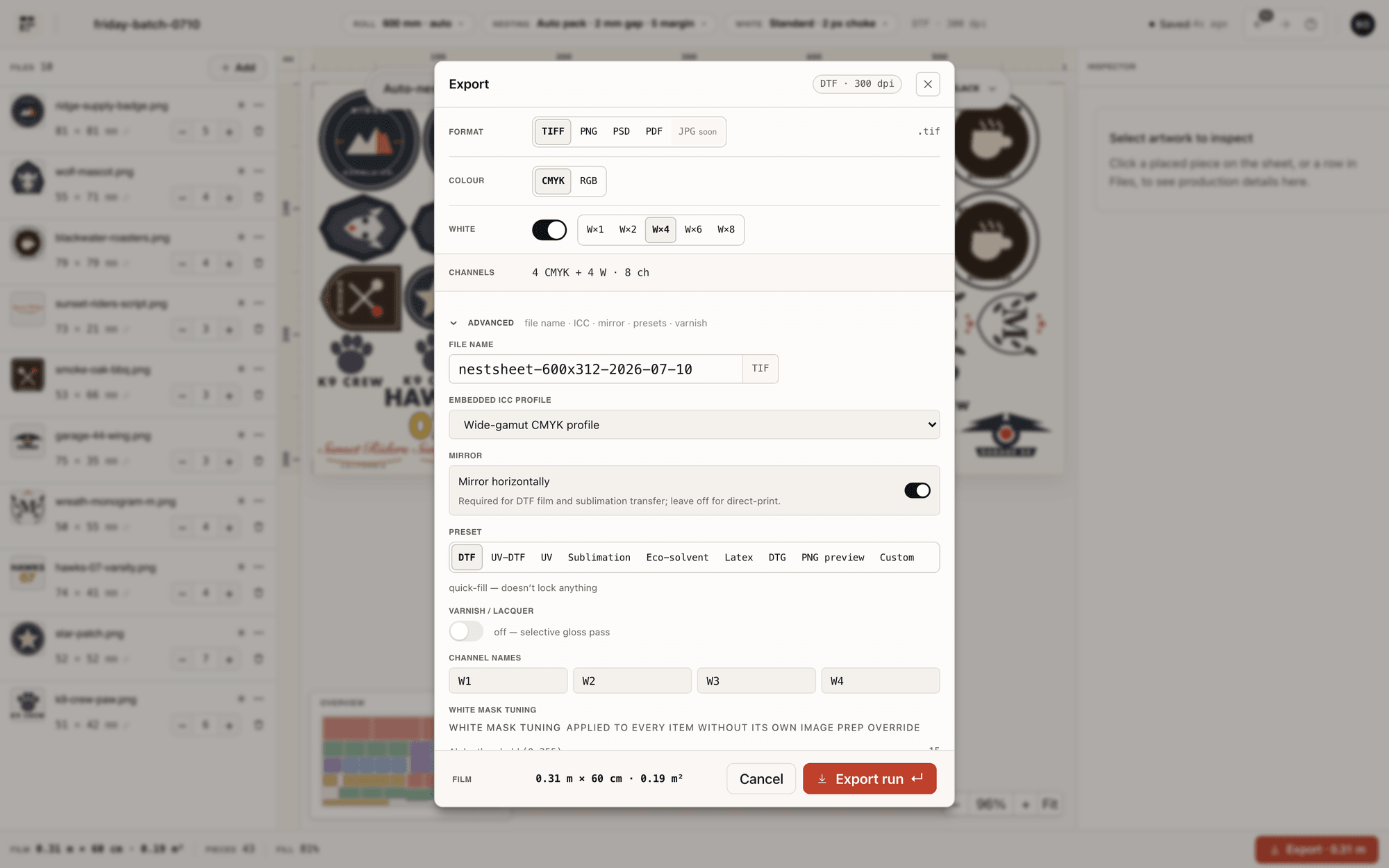 NestSheet export dialog: TIFF format, CMYK colour, four white channels reading “4 CMYK + 4 W · 8 ch”, embedded ICC profile picker, mirror toggle and W1–W4 channel name fields under Advanced